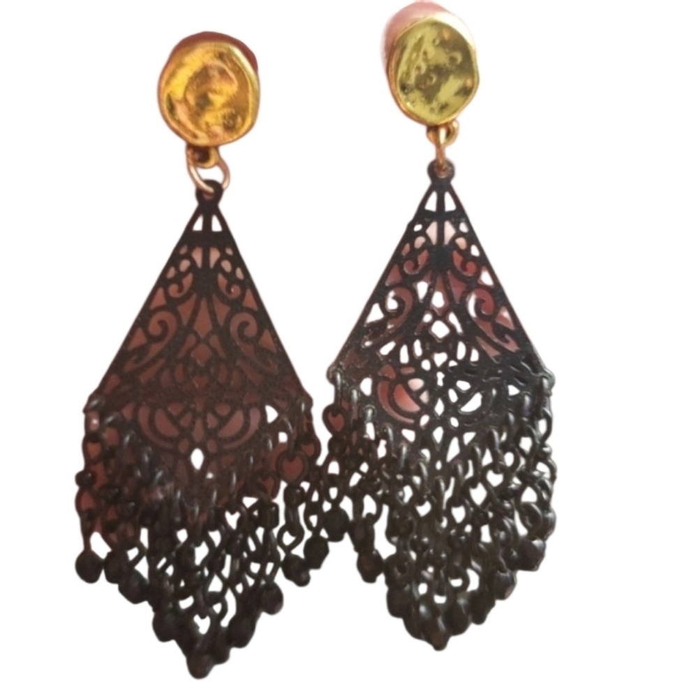 Black Goldtone Chandelier Earrings Filigree